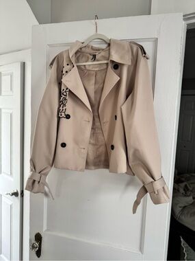 Anthropologie Beige Short Trench Coat with Black Button Accents
